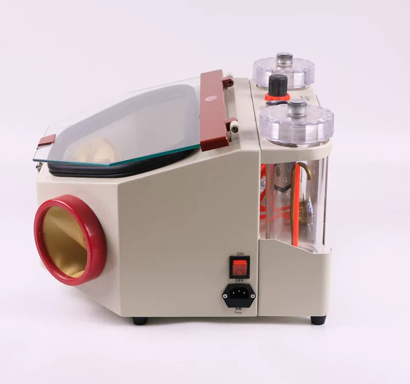 VI dental lab sandblaster side view showing abrasive cup chambers and power switch