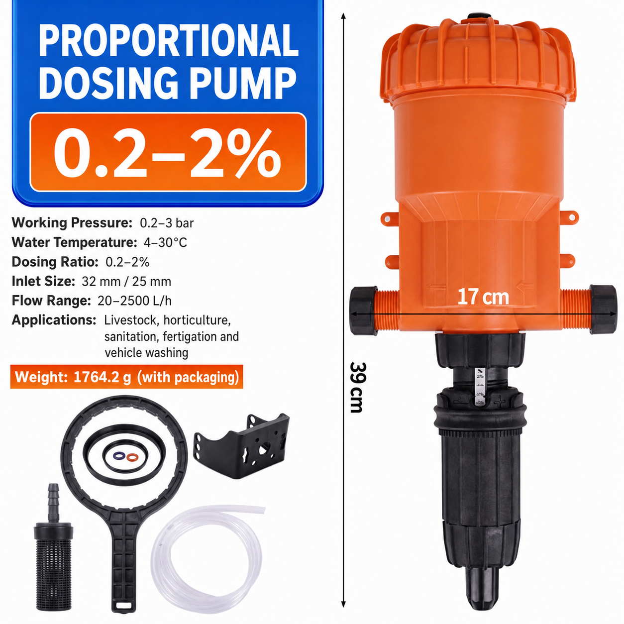 MP2502 0.2%-2% proportional dosing pump compatible with 32 mm and 25 mm pipe sizes