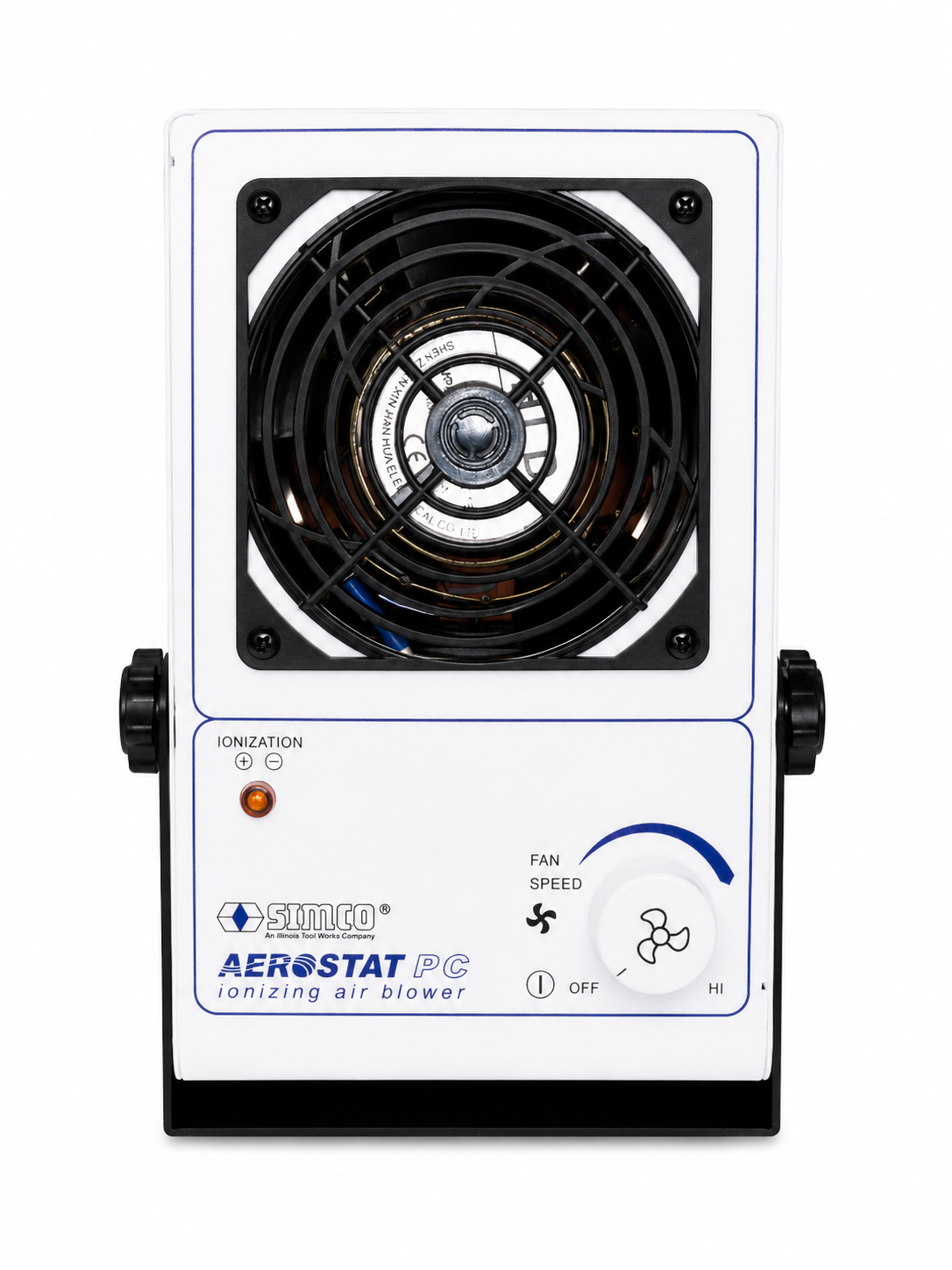 Front view of Aerostat PC anti-static ionizer fan and ionization indicator