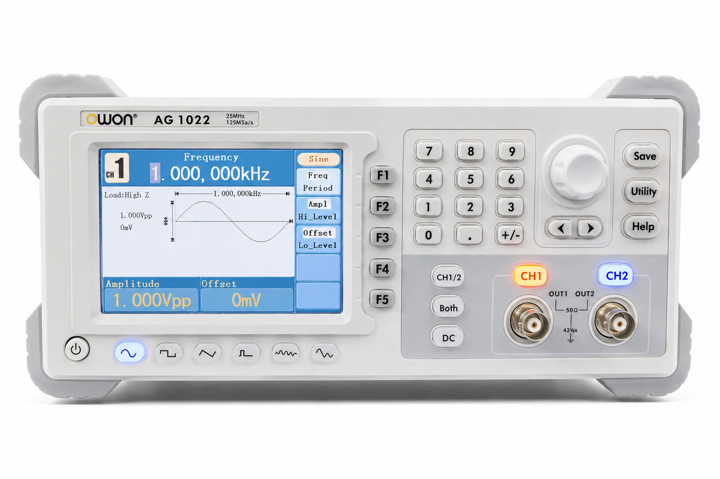 OWON AG1022 25MHz 125MSa/s 2-channel waveform generator with LCD and CH1 CH2 outputs