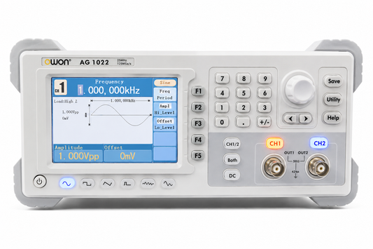 OWON AG1022 25MHz 125MSa/s 2-channel waveform generator with LCD and CH1 CH2 outputs