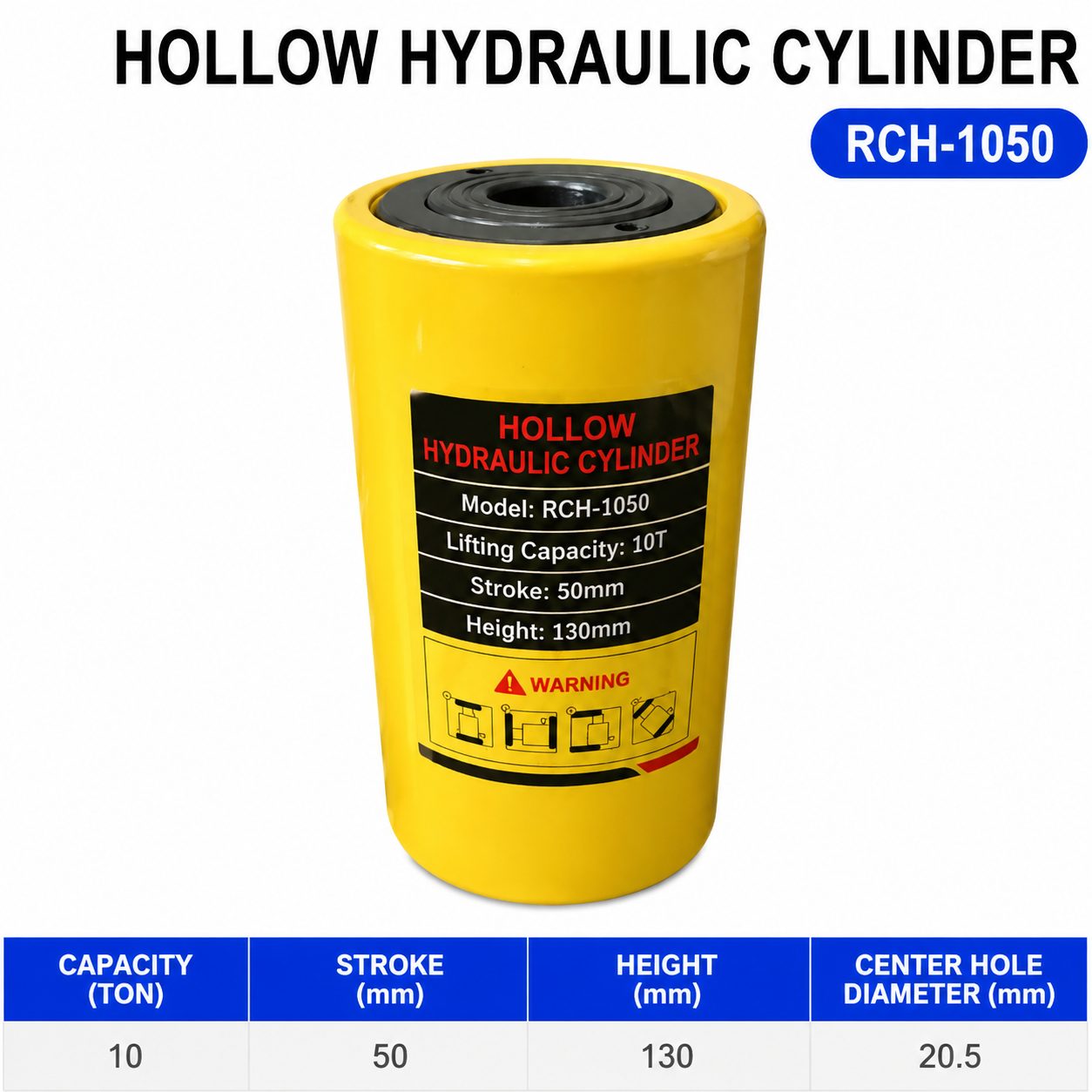 RCH-1050 10 ton hollow hydraulic cylinder with 50 mm stroke and 20.5 mm center hole