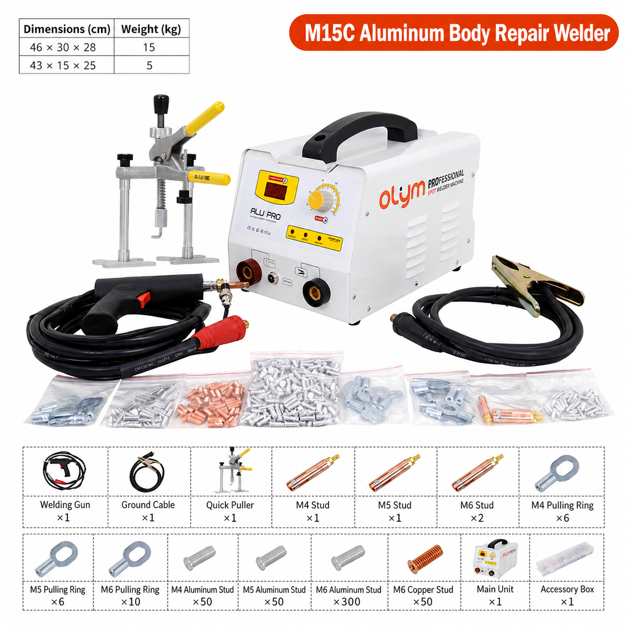M15C aluminum body repair welder kit with quick puller, welding gun and M4 M5 M6 studs