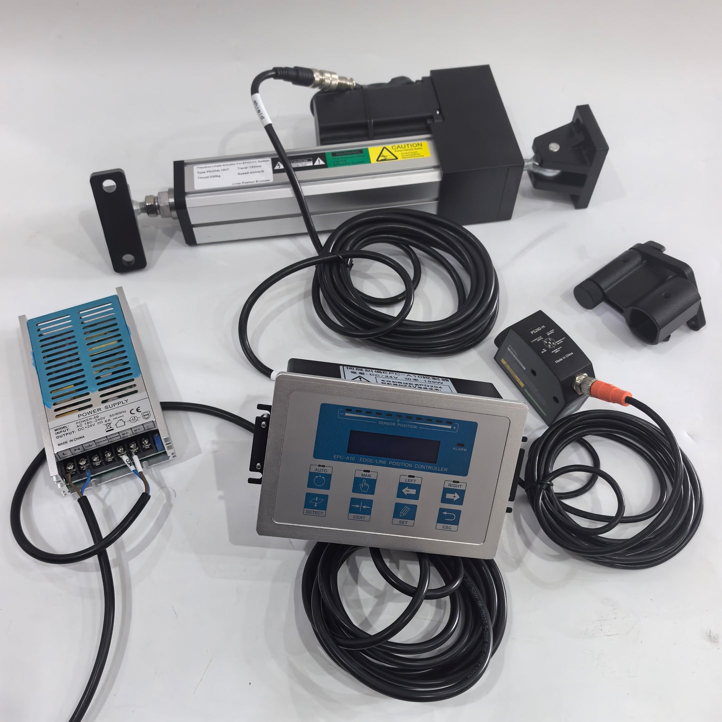 EPC-A10 web guiding system kit components with PS260 sensor and PD204L150T actuator