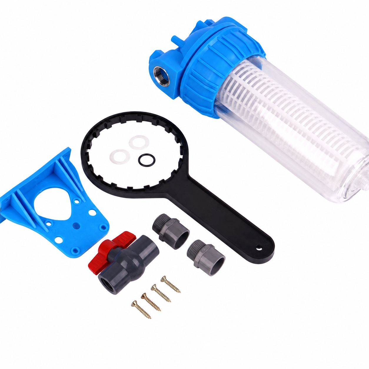 MP2502 large prefilter kit with housing, valve, pipe adapters, bracket, seals and wrench