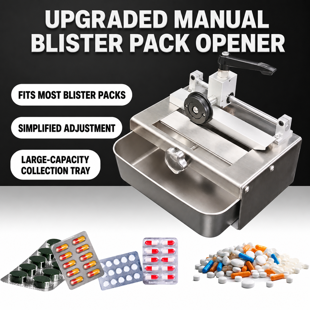 Bench-top deblistering machine for straight aligned tablet and capsule blister rows