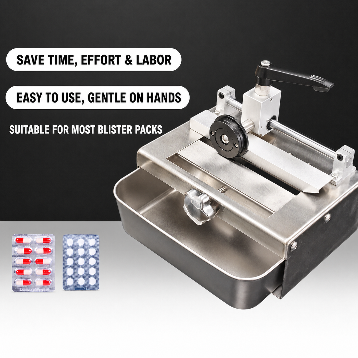 Bench-top deblistering machine for straight aligned tablet and capsule blister rows