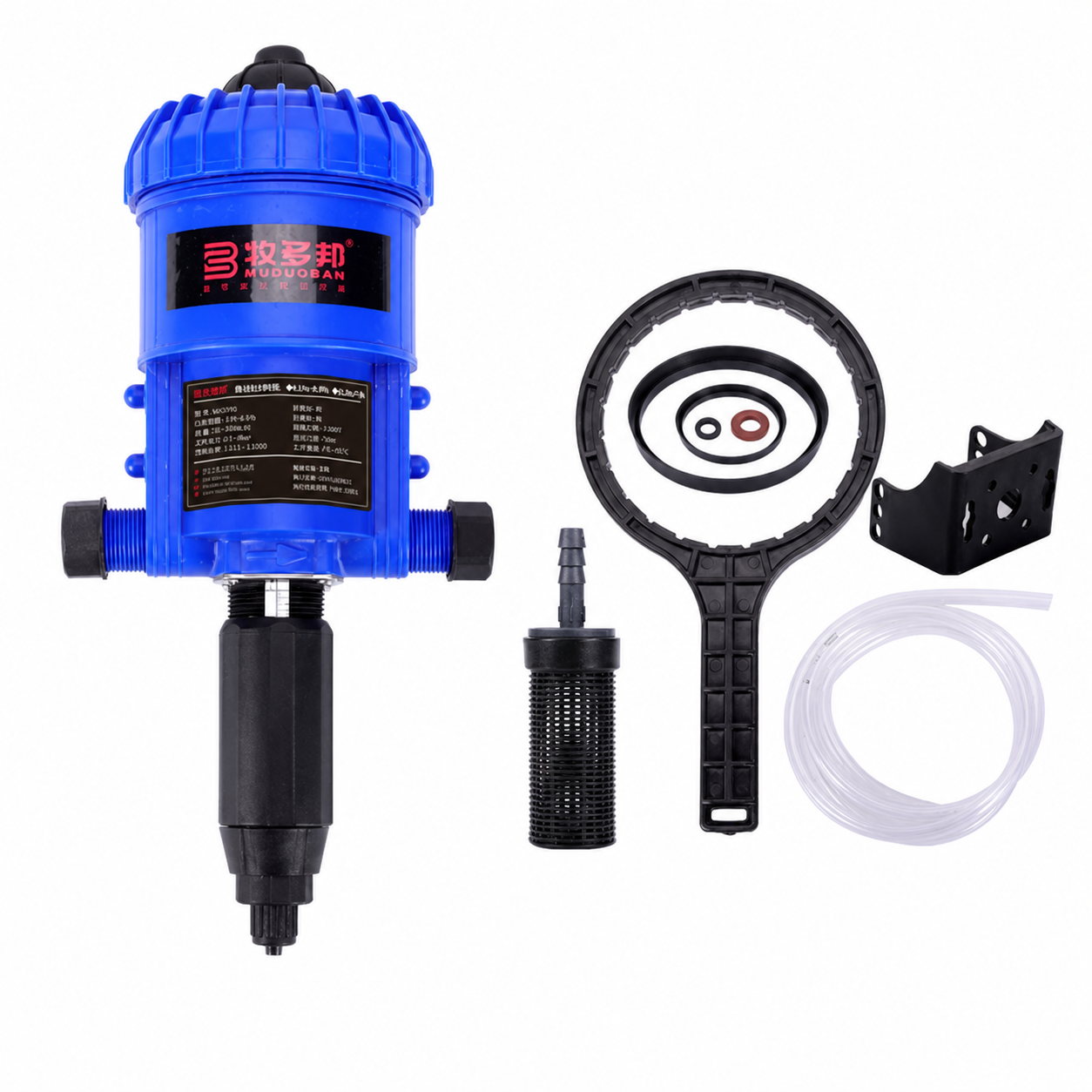 MP2502 water-powered proportional dosing pump with installation accessories on white background