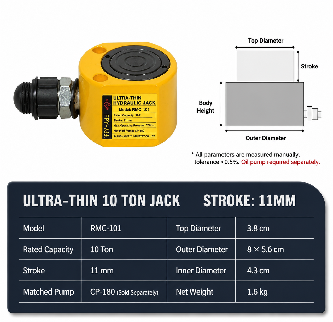 Automatic return hydraulic jack with quick coupling and dust cover