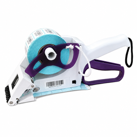 Applicatore manuale portatile per etichette bianco e viola, con rotolo di etichette caricato e impugnatura a grilletto