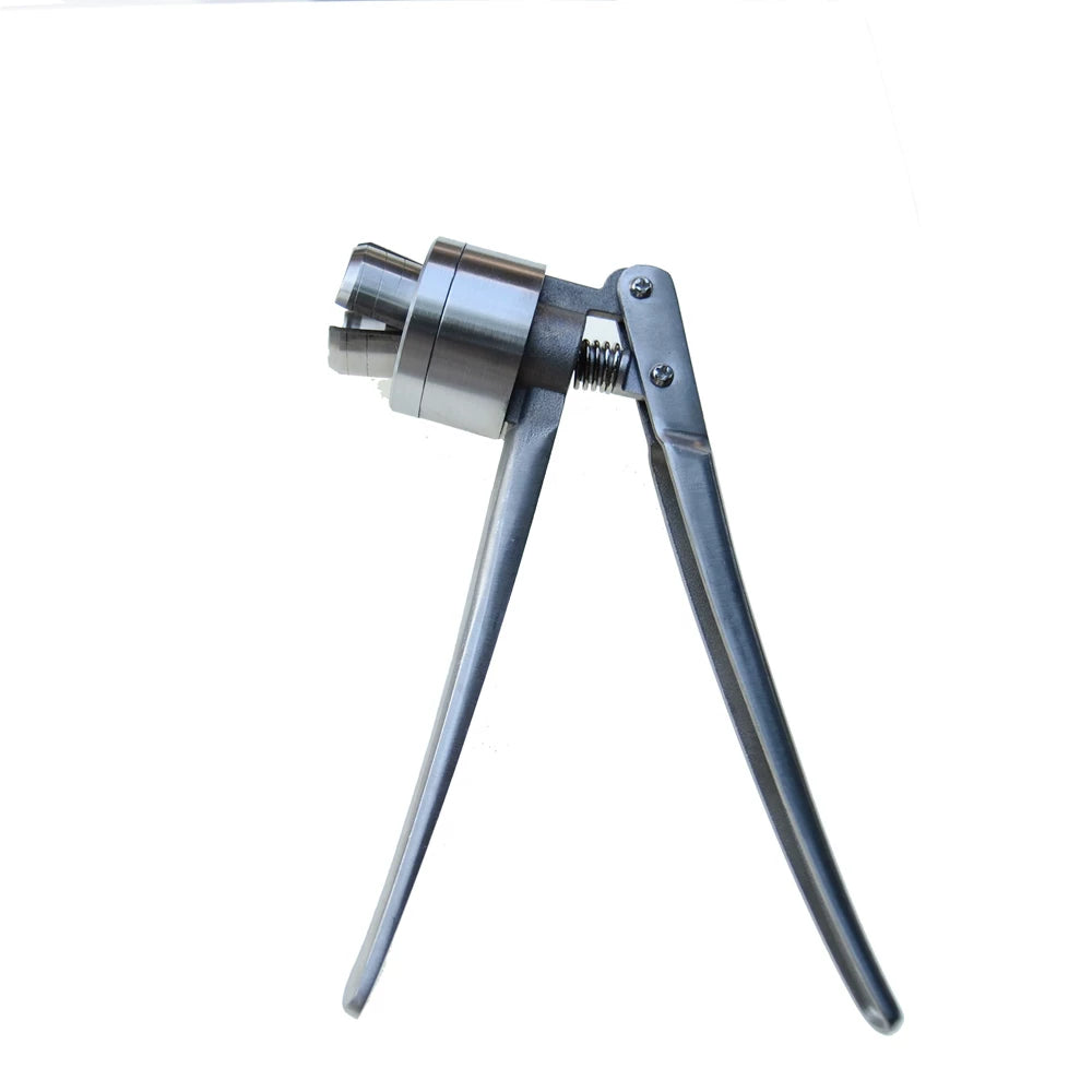 Full view of stainless steel manual vial cap crimper