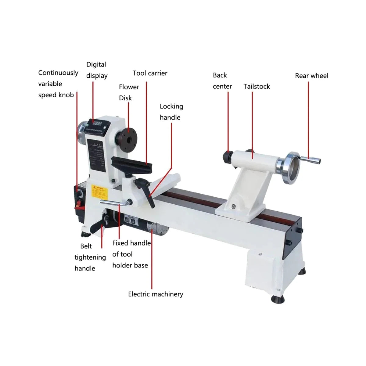 JWL-1218VD wood lathe parts callout showing speed knob, digital display, tool carrier and tailstock