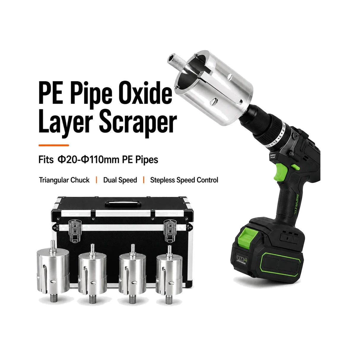 PE pipe oxide layer scraper overview with drill and sleeve cutters