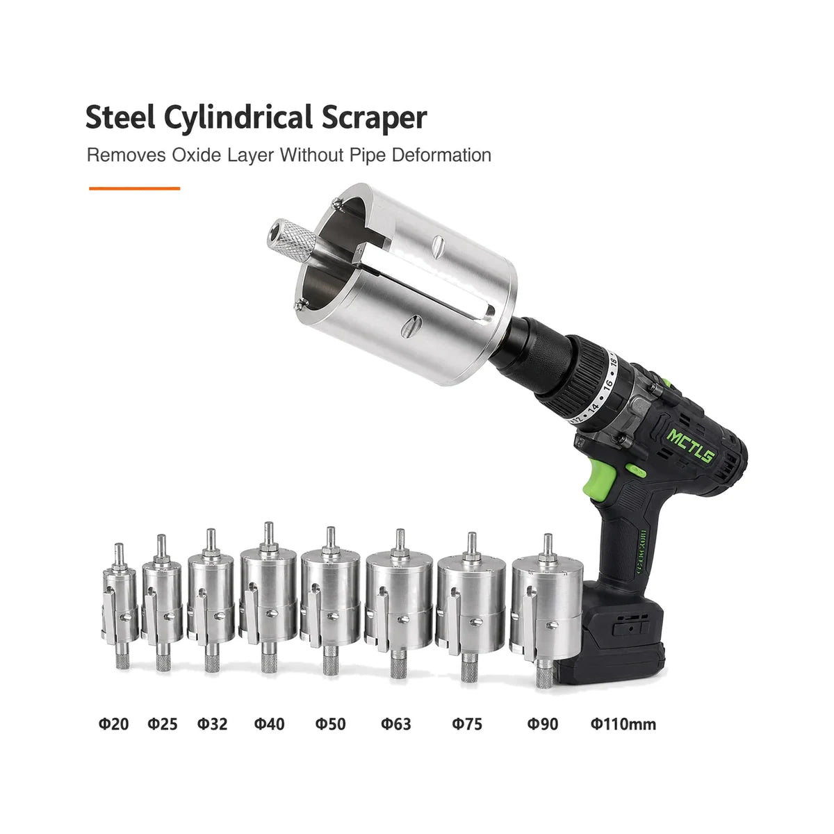 Steel cylindrical pipe scraper size options from 20 mm to 110 mm