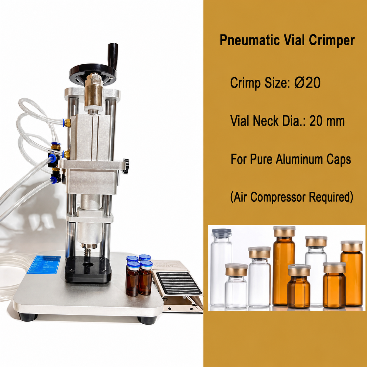 Pneumatic vial crimper 20 head for 20 mm pure aluminum caps
