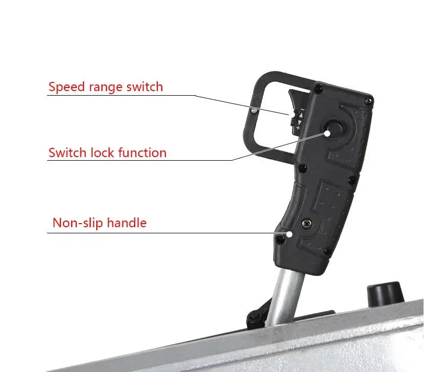 Portable band saw handle close-up with speed range switch and switch lock