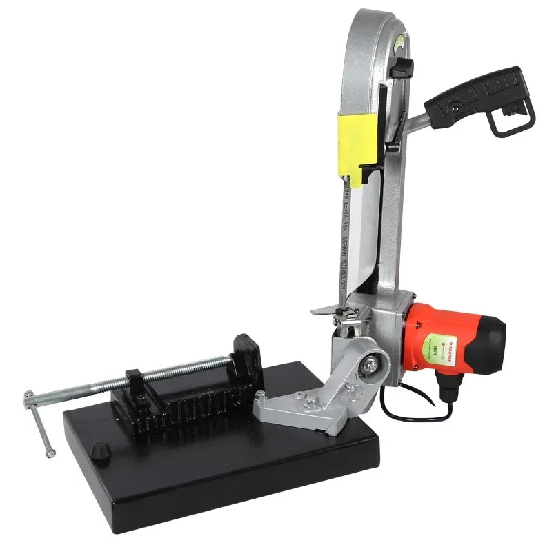 Portable band saw upright view showing blade and clamp base
