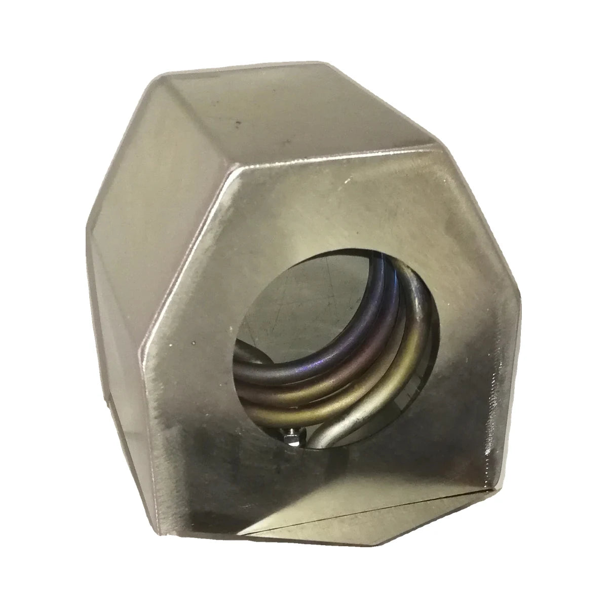 Close-up of heat tunnel and heating coil on PVC bottle cap sealer