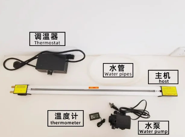Package list diagram for QJ-125 acrylic bending machine host, thermostat, water pipes, thermometer and water pump