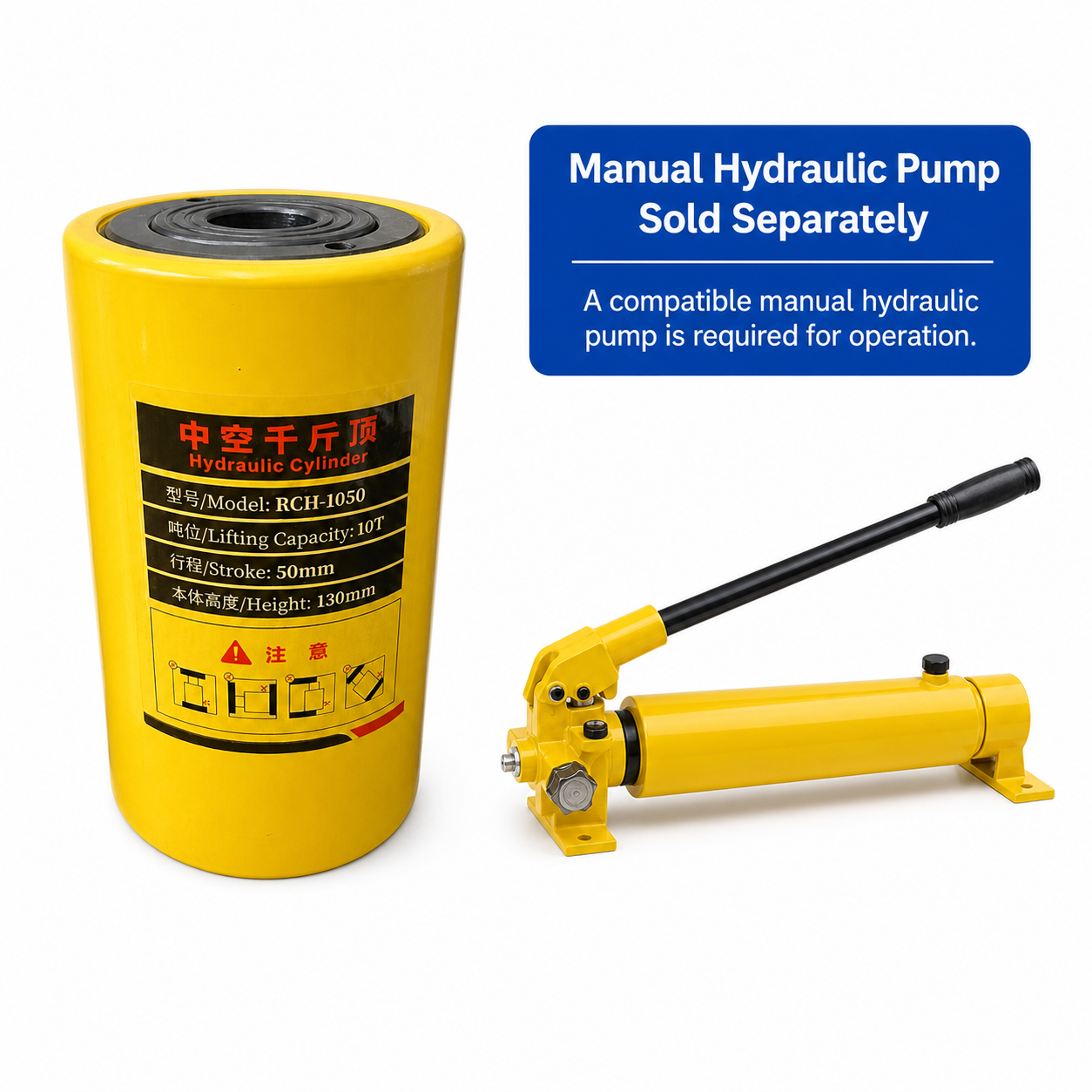 RCH-1050 hollow hydraulic cylinder with compatible manual hydraulic pump sold separately