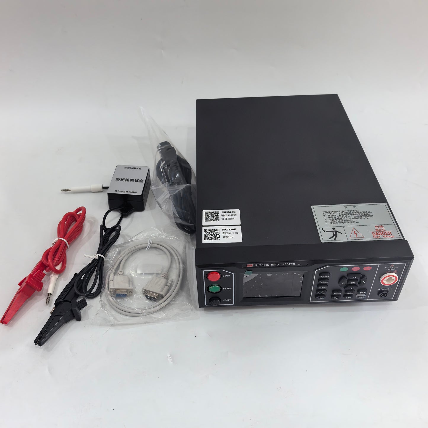 RK9320B AC hipot tester with standard test leads and RS232 cable