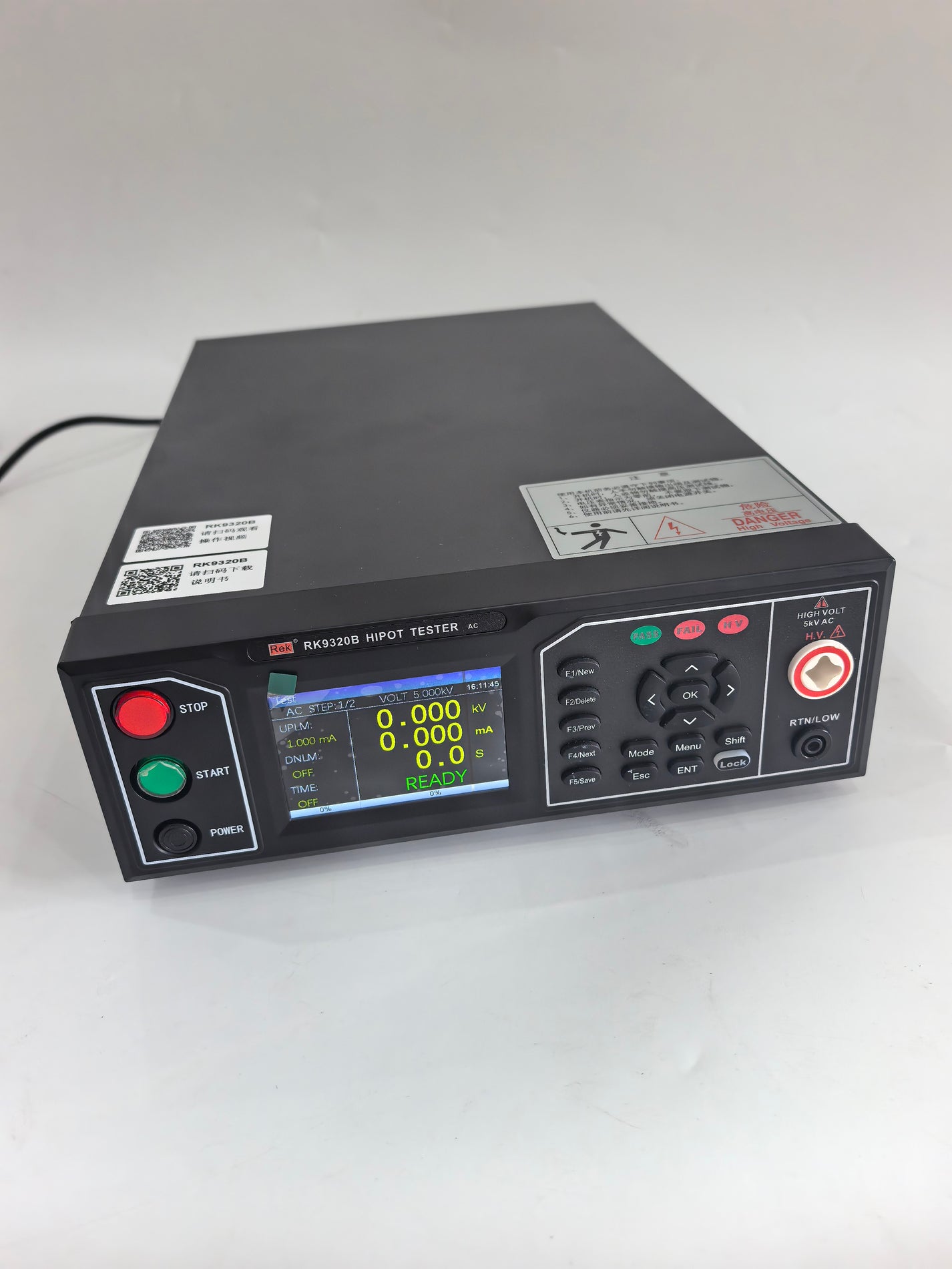 RK9320B AC hipot tester front panel with 5kVAC output terminals