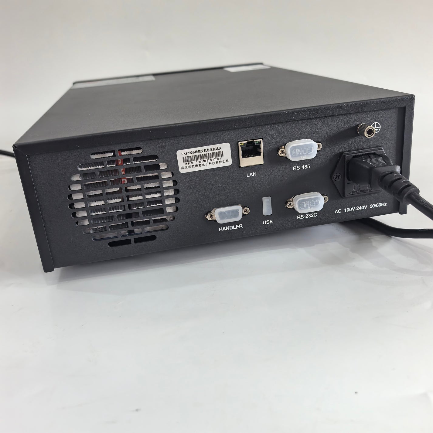 RK9320B AC hipot tester rear panel with LAN RS485 USB RS232C and HANDLER interfaces