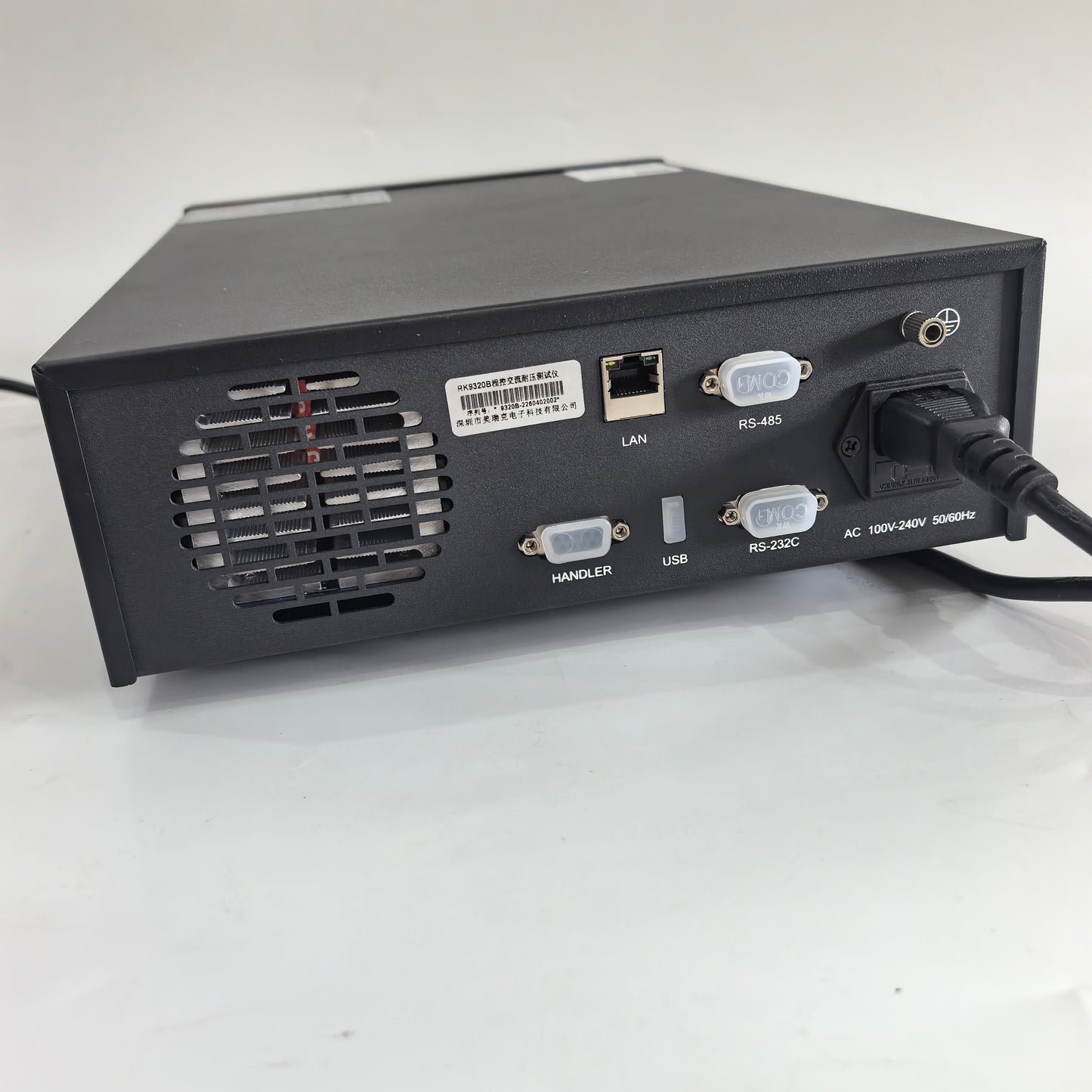 RK9320B AC hipot tester rear panel with LAN RS485 USB RS232C and HANDLER interfaces