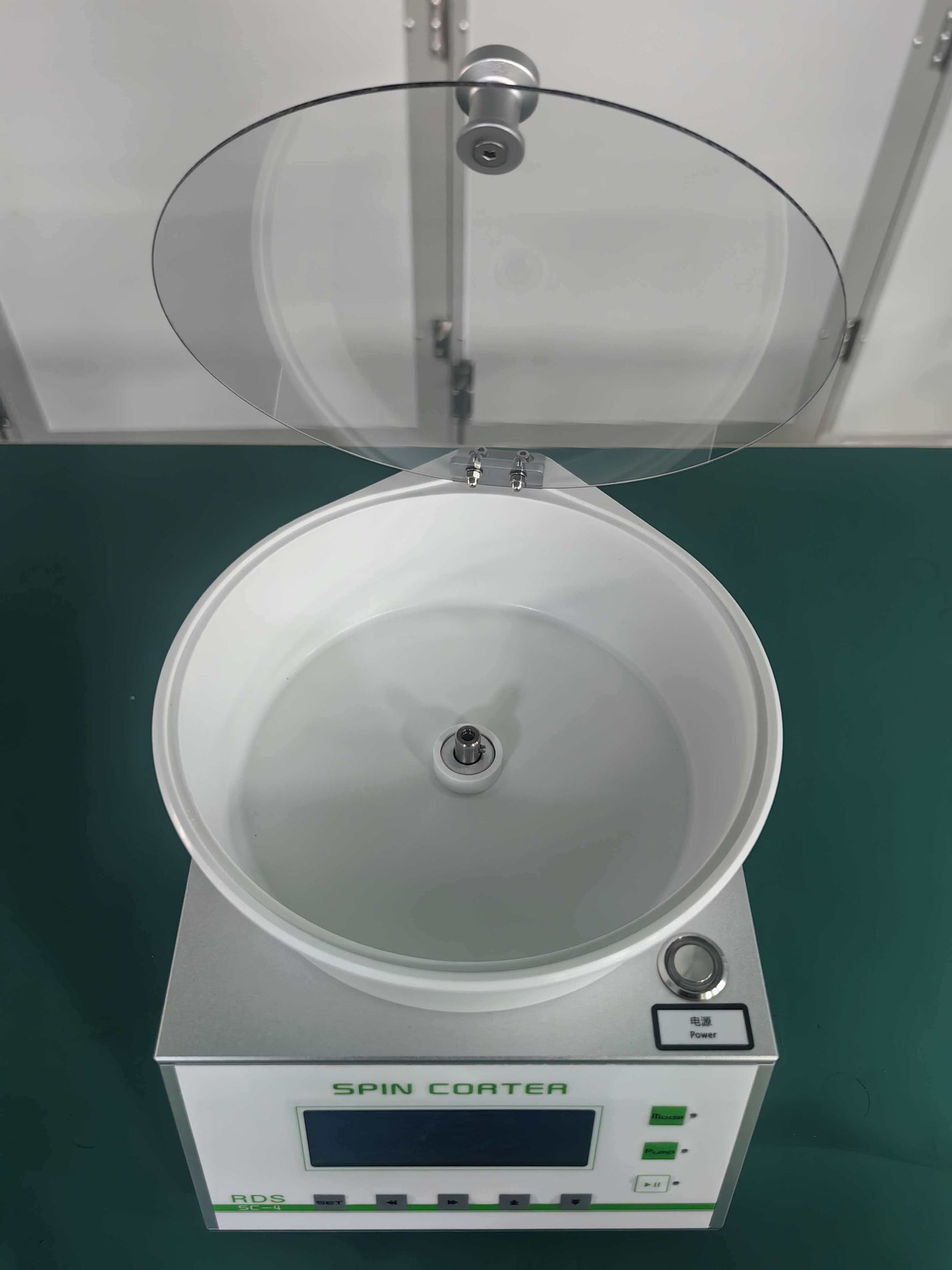 SC-4 spin coater open hinged lid and coating bowl for 0-4 inch substrates