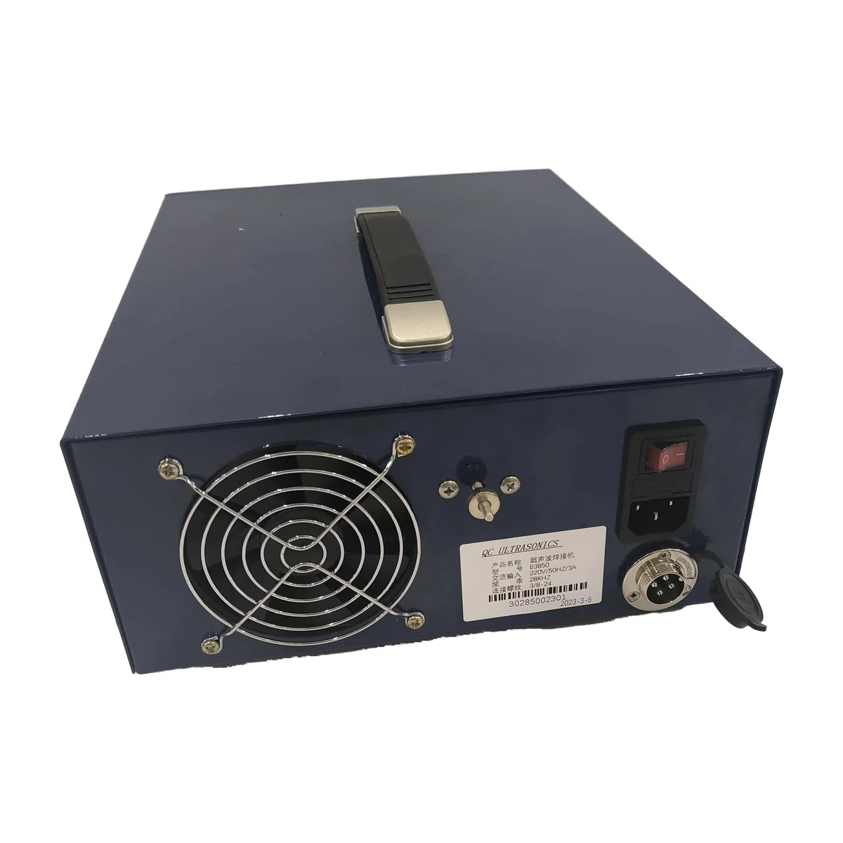 Rear panel of ultrasonic plastic spot welder with fan and power connections