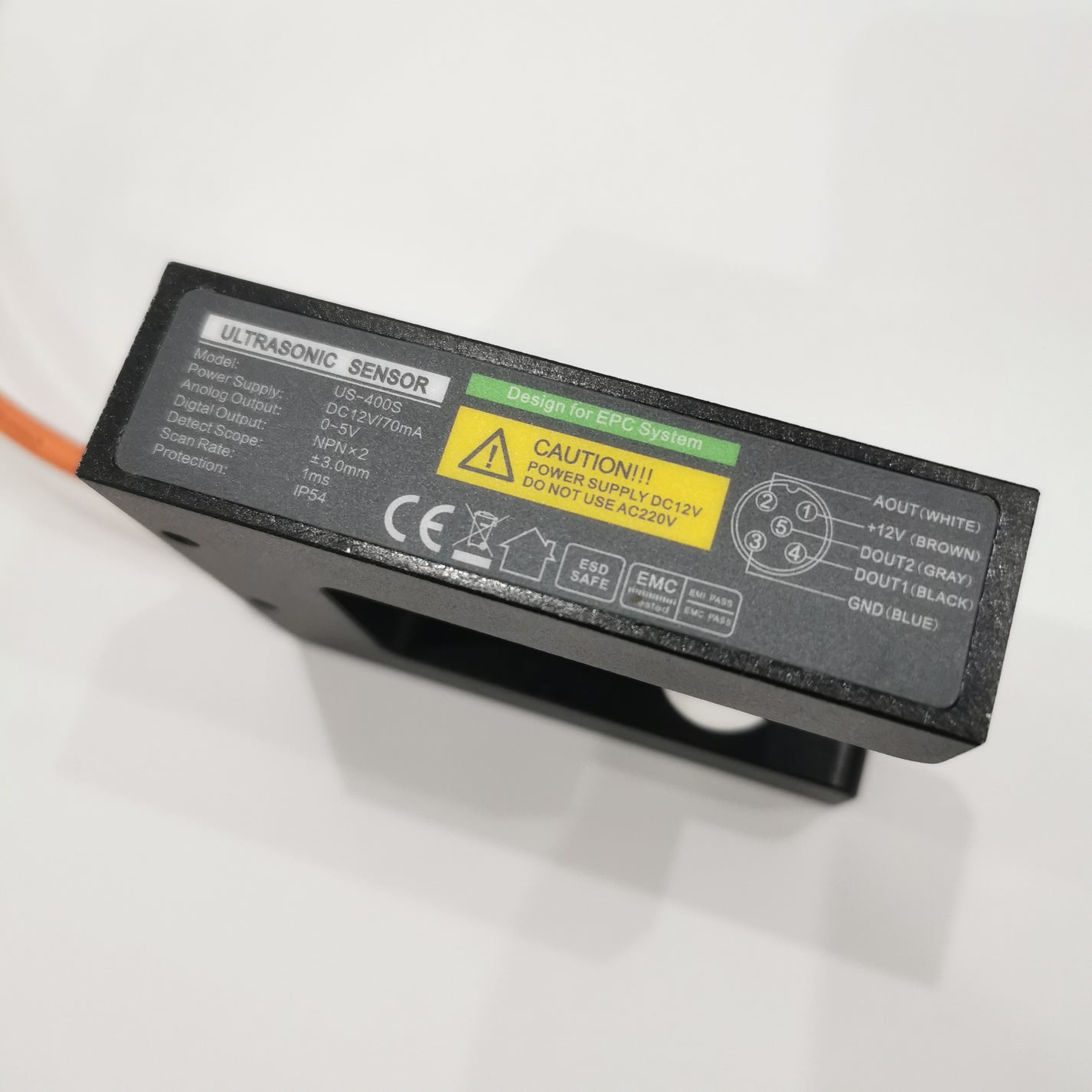 Étiquette de câblage pour capteur ultrasonique US-400S DC12V 0-5V et sortie NPN x2