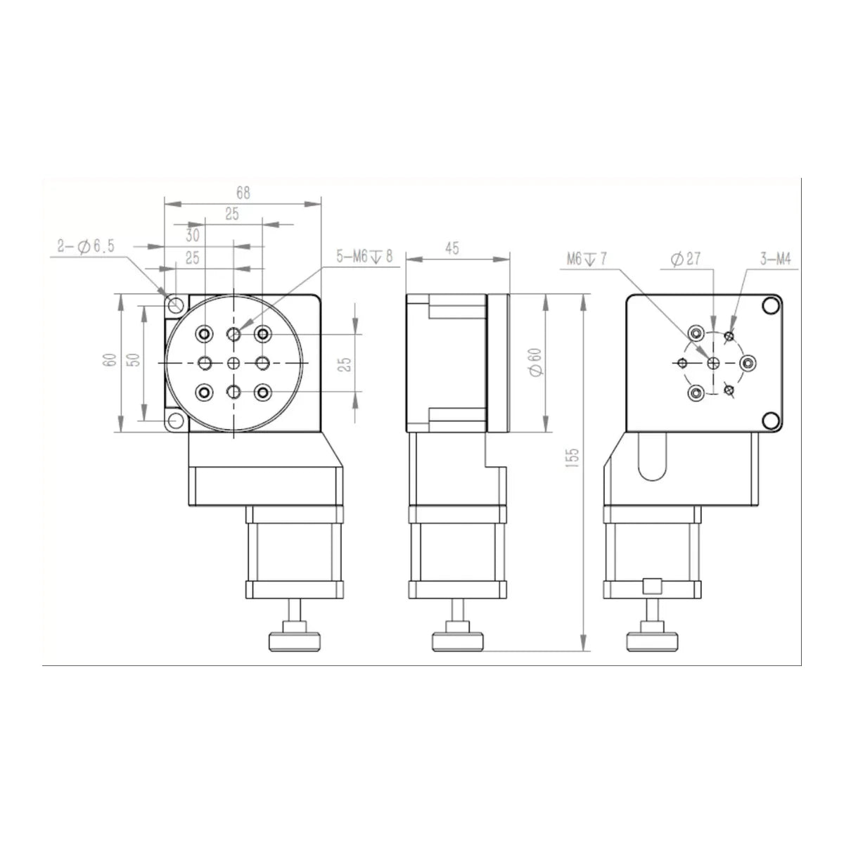Y200RA60 60 mm motorized rotary stage dimensions and mounting hole drawing